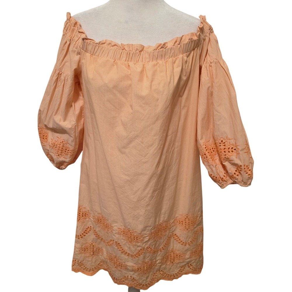 Vince Camuto Orange Pinstripe Eyelet Off Shoulder Dress Cotton Womens 12